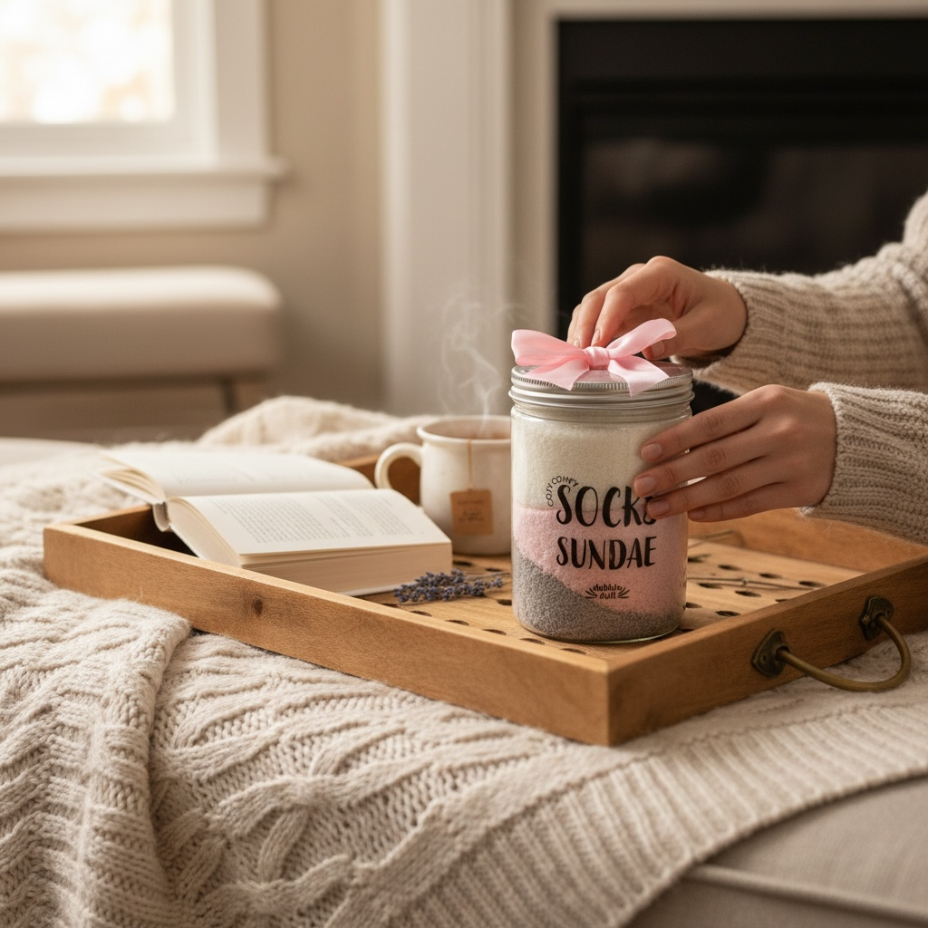 Three pairs of cozy socks in a sundae jar with a bow