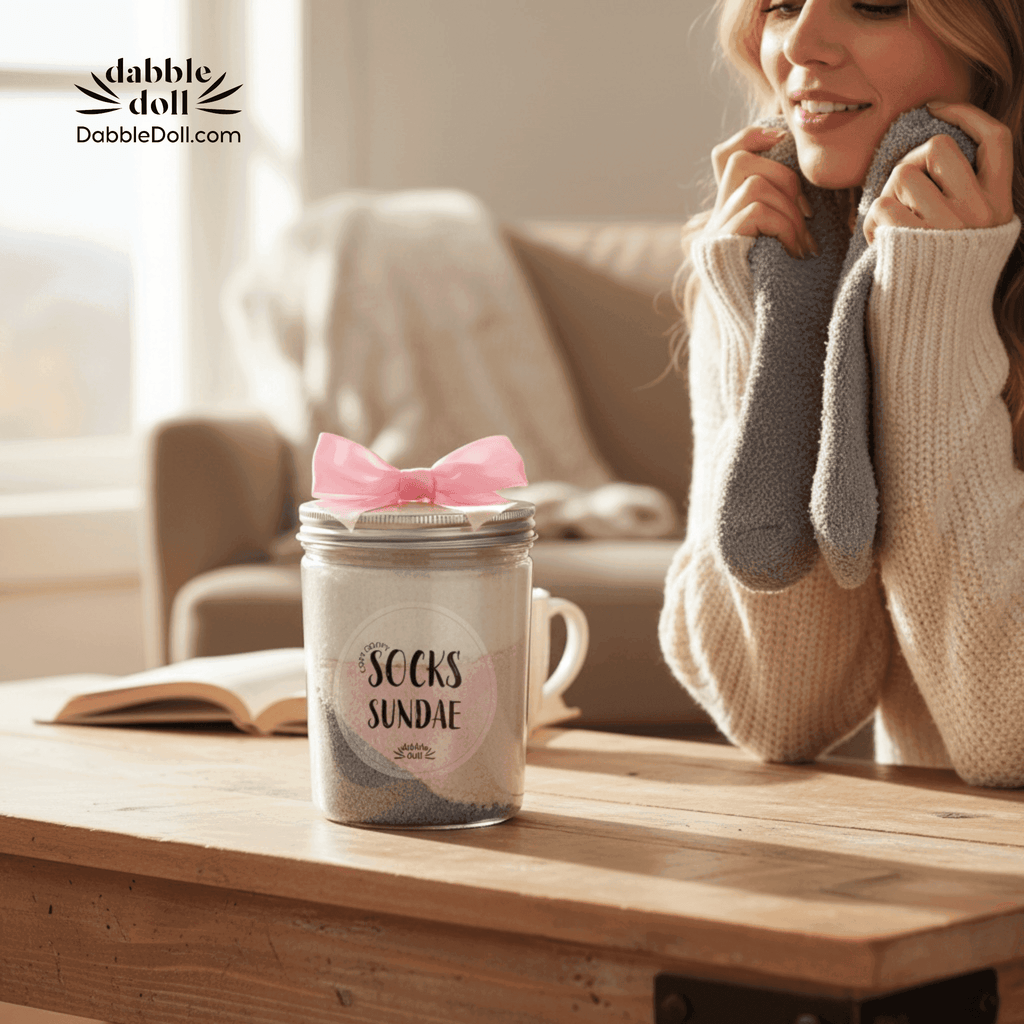 Three pairs of cozy socks in a sundae jar with a bow