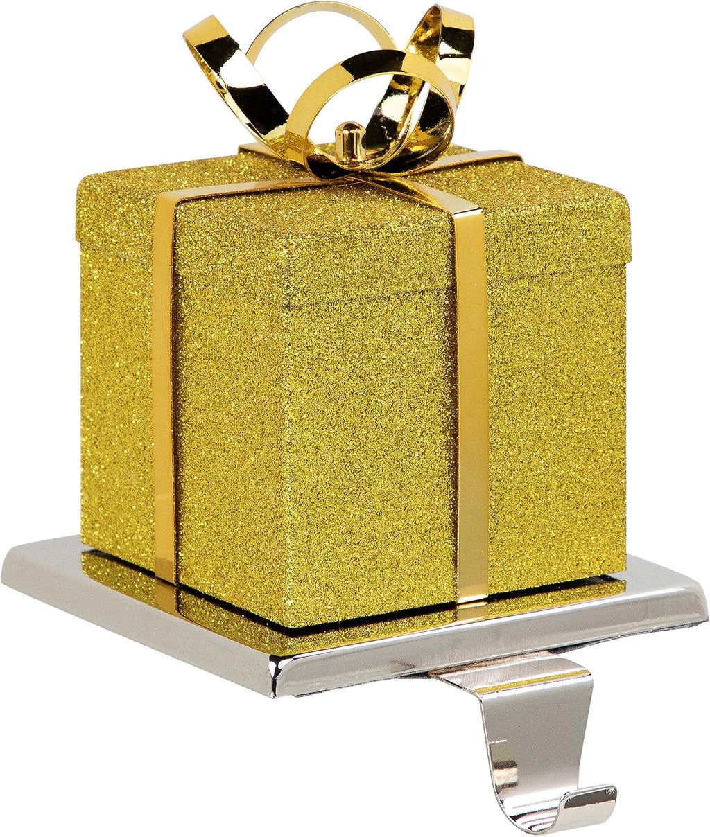 Glitter Gold Gift Box Christmas Stocking Holder, 5.5 Inch Metal