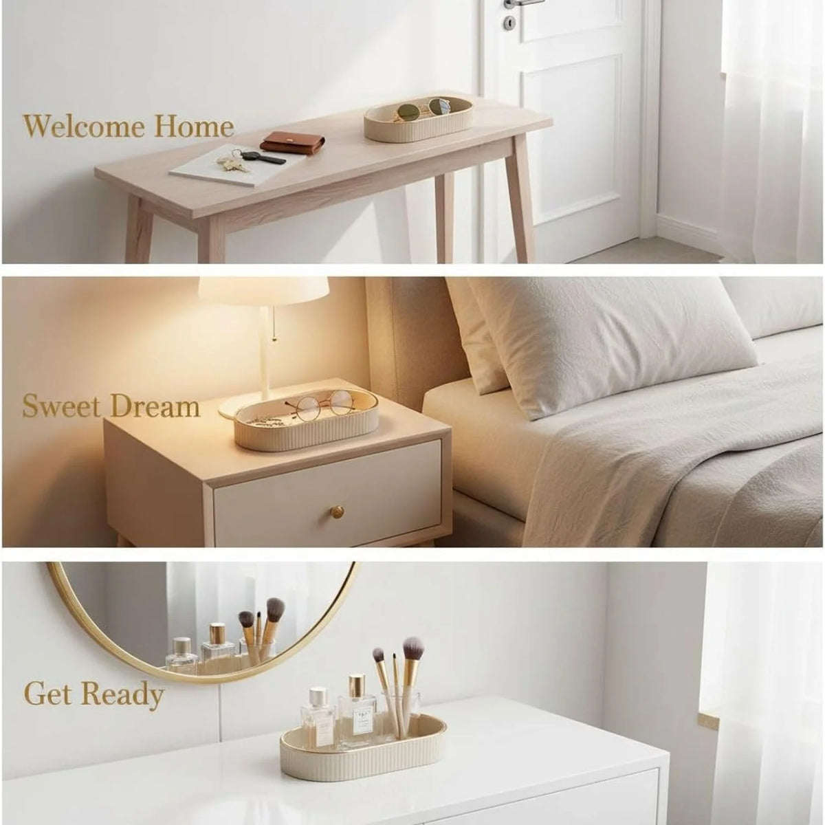 Oval PU Leather Vanity Tray with Gold Trim, Nightstand and Key Organizer