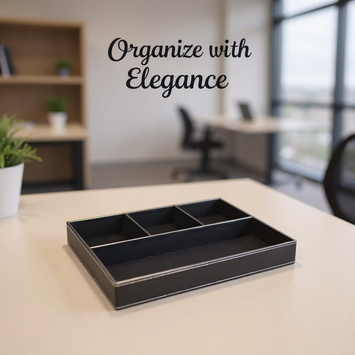 Black PU Leather Valet Tray, 4-Compartment Jewelry and Desk Organizer for Men