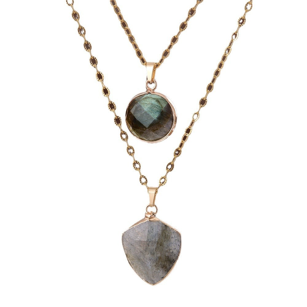 Faux Moonstone Double Chain Pendant Necklace
