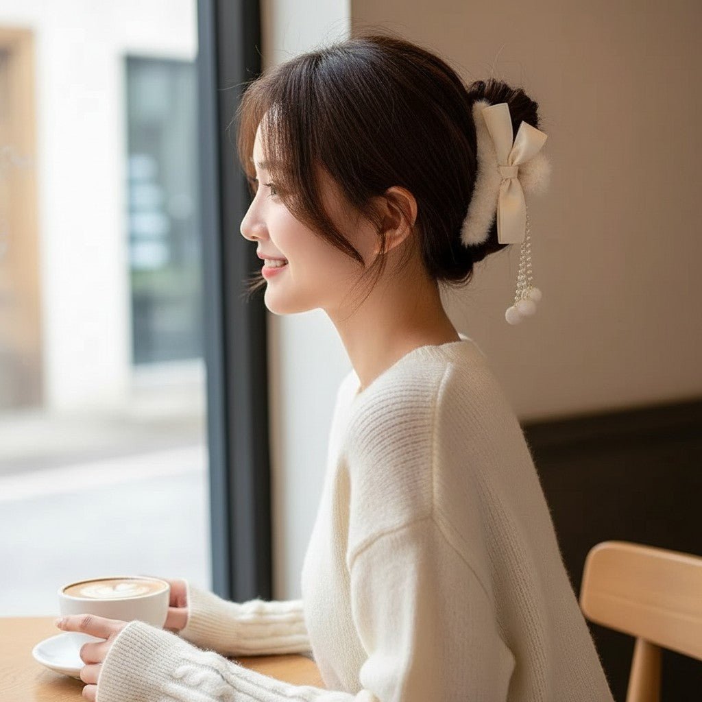 Two faux fur bow hair claw clips with pearl dangle tassels in cream and beige