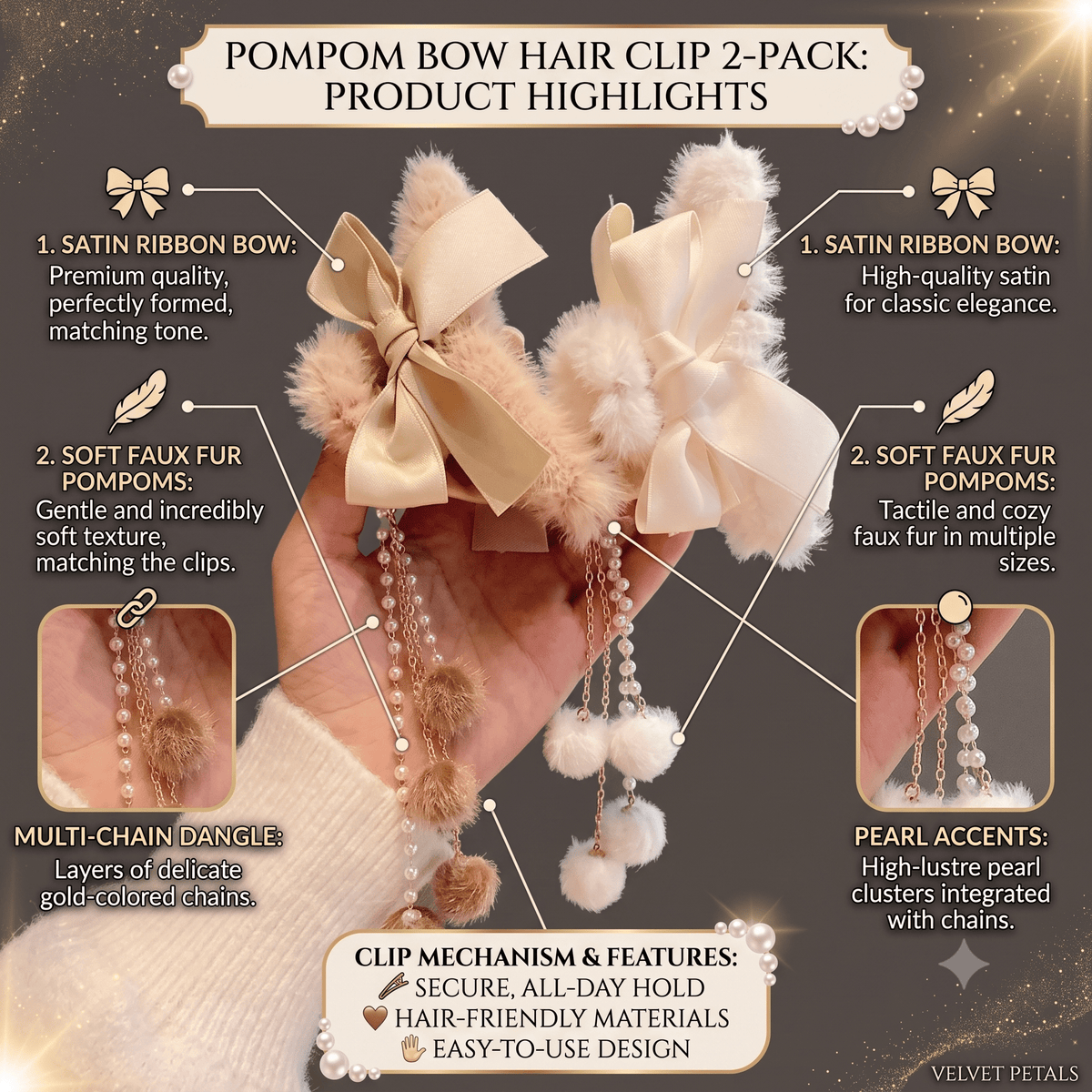 Two faux fur bow hair claw clips with pearl dangle tassels in cream and beige