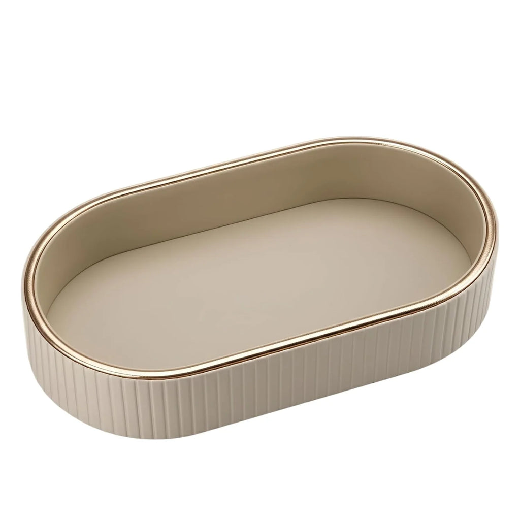 Oval PU Leather Vanity Tray with Gold Trim, Nightstand and Key Organizer