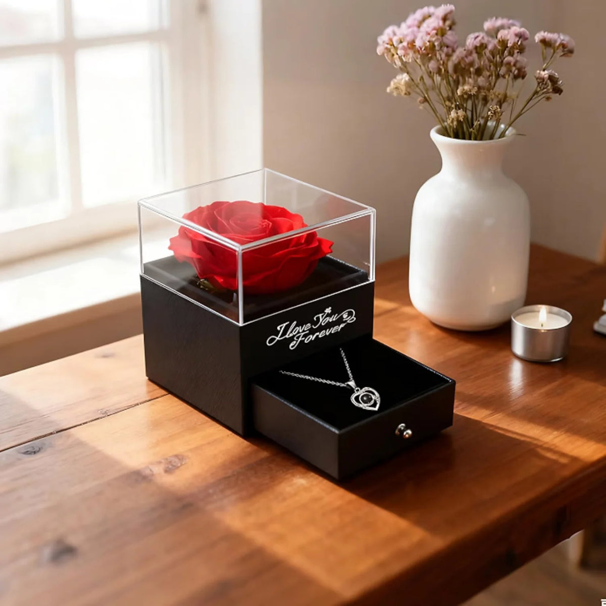 Preserved Real Rose Gift Box with I Love You in 100 Languages Necklace
