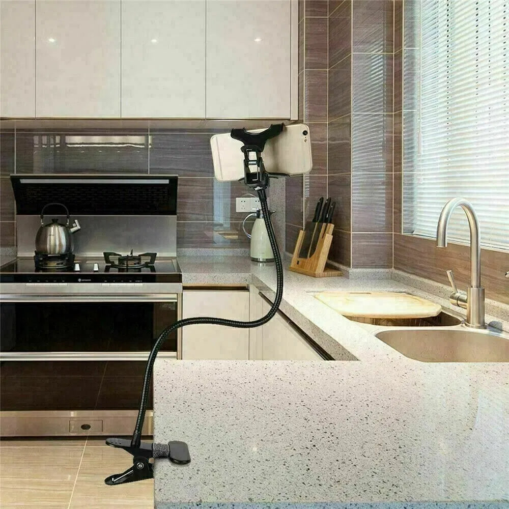 Gooseneck phone holder clamped to a kitchen counter