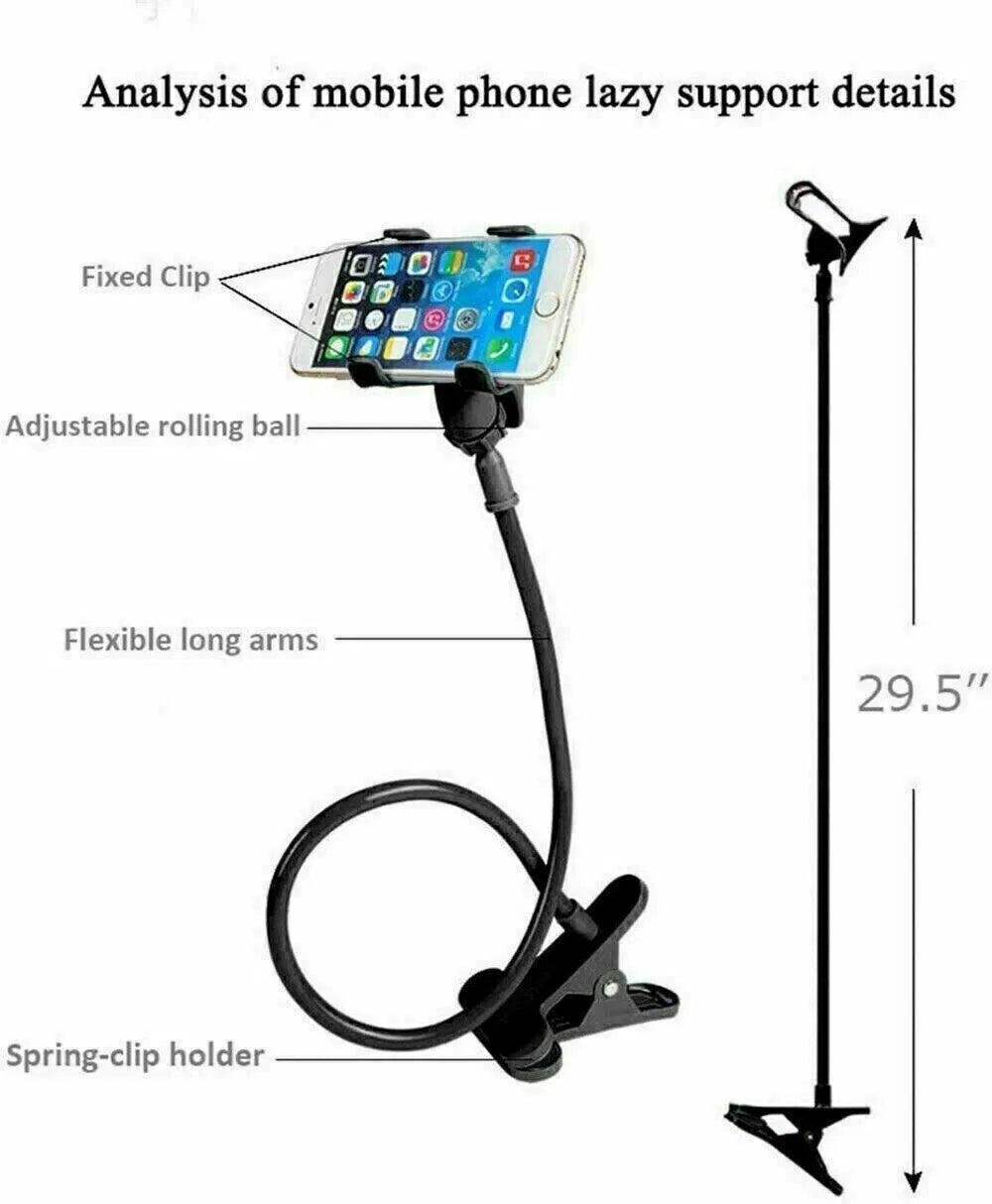Gooseneck phone holder parts: phone clip, rotating ball joint, 29.5 inch flexible arm and spring clamp