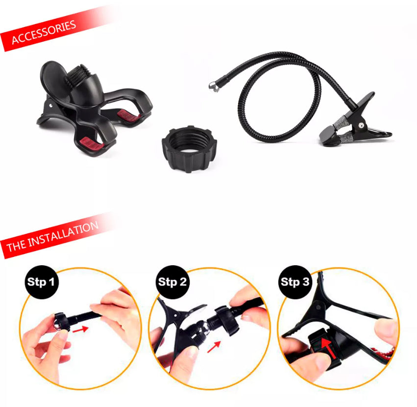 Included parts and three-step assembly of the gooseneck phone holder