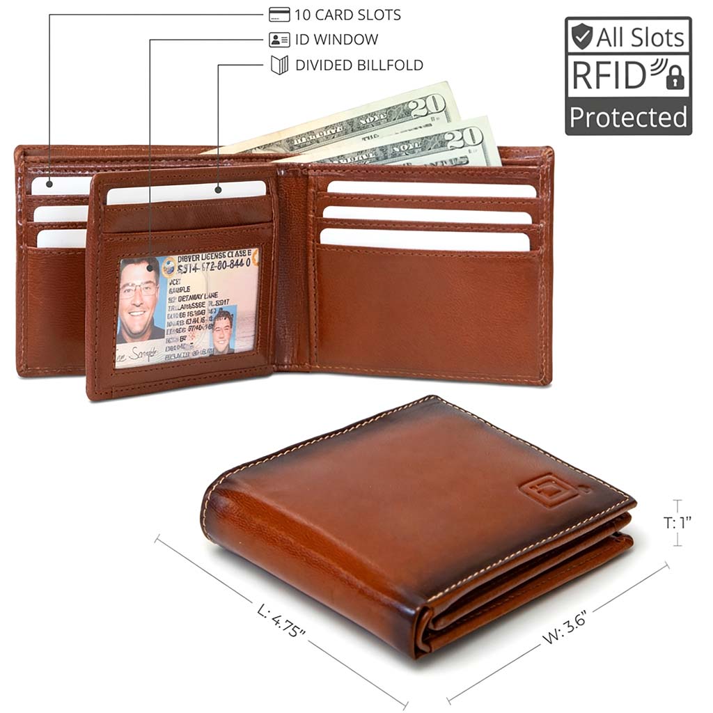 Men's RFID bifold leather wallet with 10 card slots and ID window