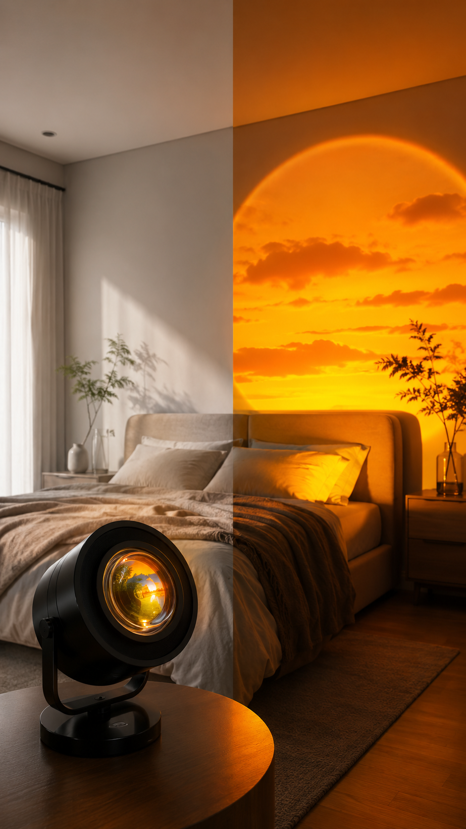 USB sunset projection lamp casting a warm golden-hour glow in a bedroom